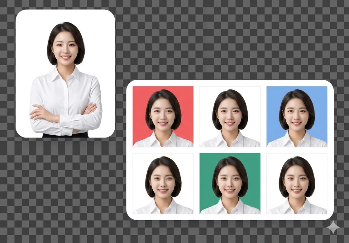AI 证件照演示：单张原图与多底色六宫格示例