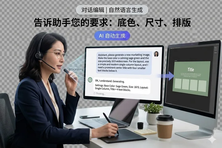 对话编辑：用自然语言描述底色、尺寸与排版